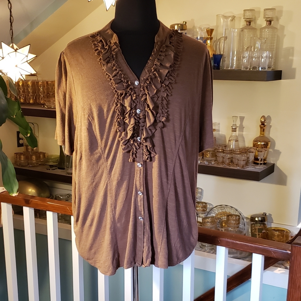 INC Womens Ruffled V-Neck Brown Button Front Longer Hemline Knit Blouse